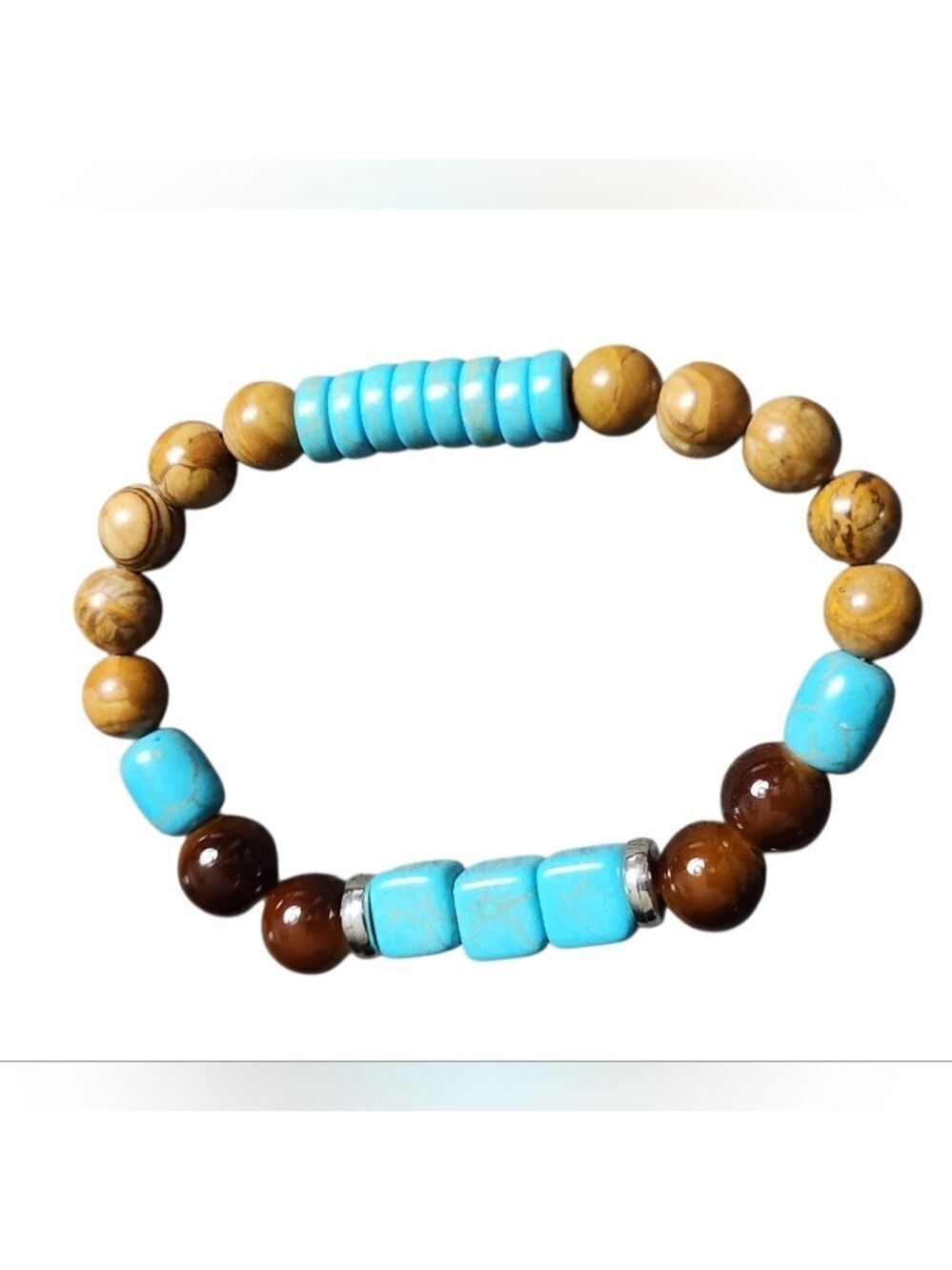 Turquoise Brown Glass Beaded Stretch Bracelet